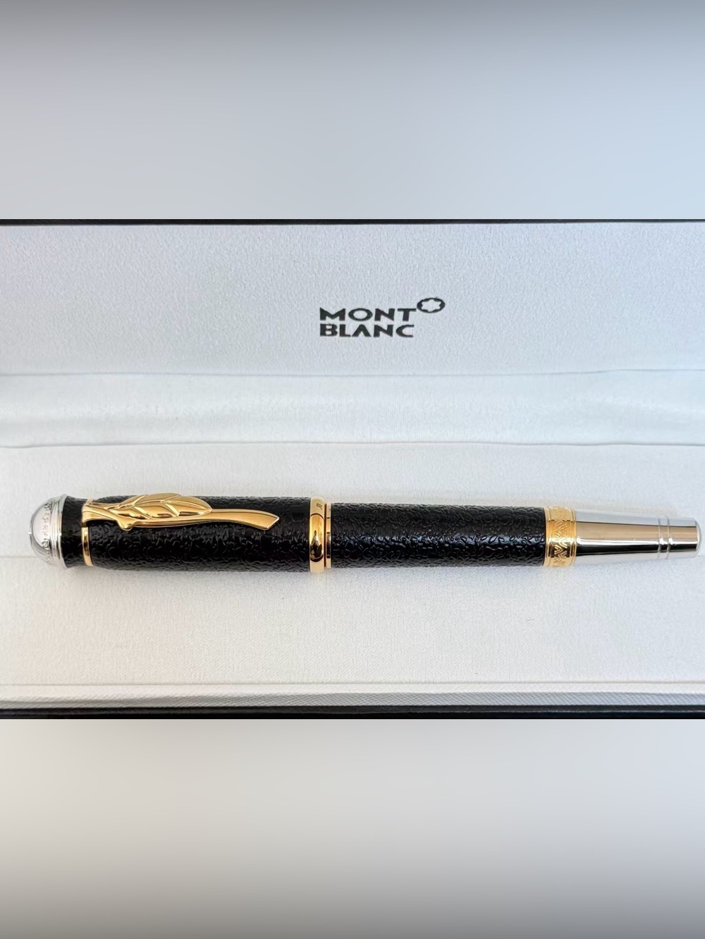 Montblanc Black and Gold Textured Ballpoint Pen with Leaf Clip